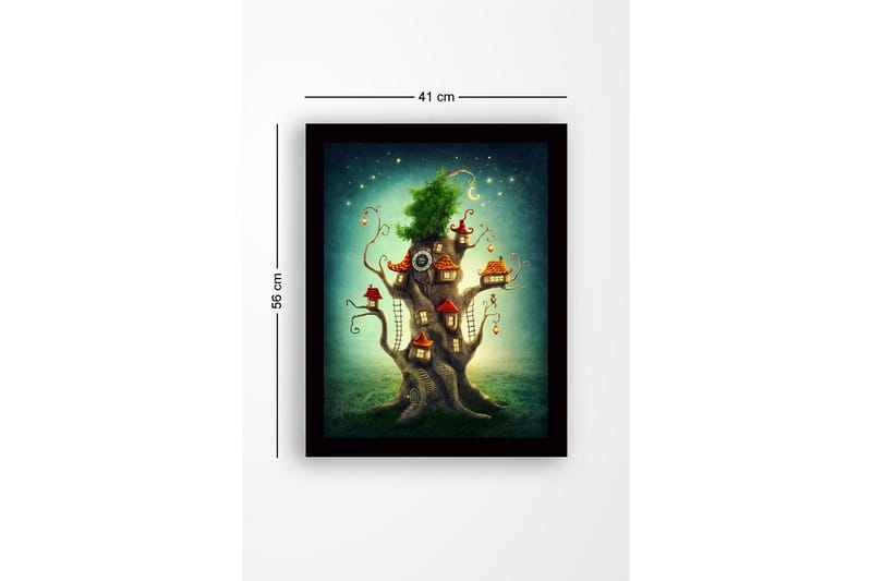 Inramad Canvastavla i trä - 41x56 cm - Fantasifullt träd med små hus och en grönskande krona - Grön / Brun / Röd - Inredning & dekor - Tavlor & konst