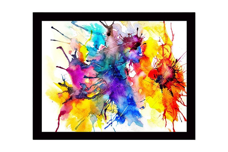 Inramad Canvastavla i trä - 41x56 cm - Färgglad abstrakt komposition med sprudlande färgexplosioner - Blå / Gul / Röd - Inredning & dekor - Tavlor & konst