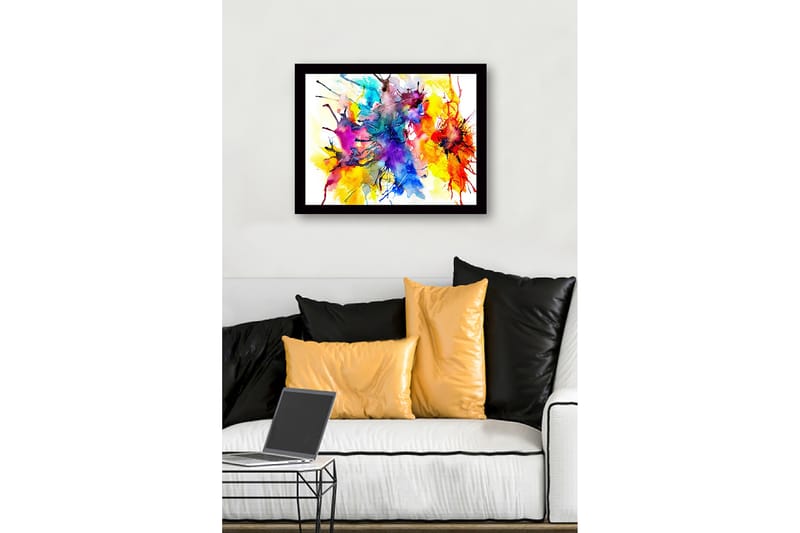 Inramad Canvastavla i trä - 41x56 cm - Färgglad abstrakt komposition med sprudlande färgexplosioner - Blå / Gul / Röd - Inredning & dekor - Tavlor & konst