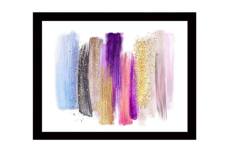 Inramad Canvastavla i trä - 41x56 cm - Färgglad abstrakt komposition med penseldrag och glittereffekter - Ljusblå / Lila / Guld - Inredning & dekor - Tavlor & konst