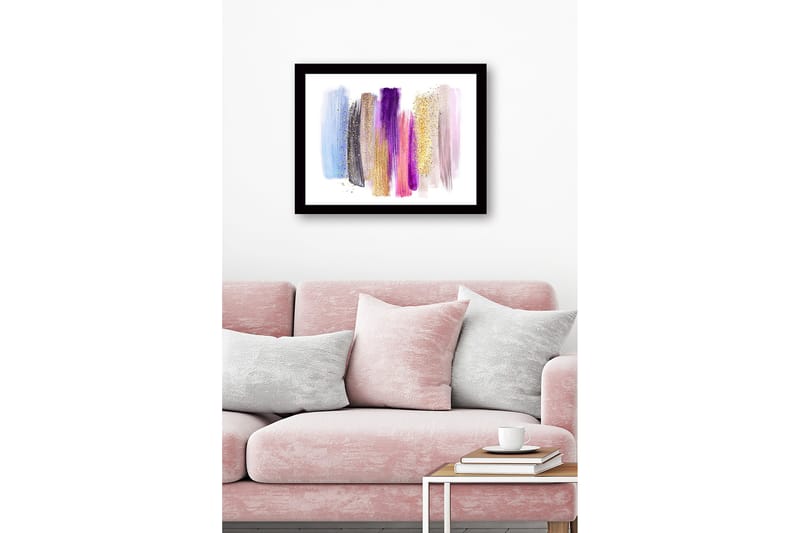 Inramad Canvastavla i trä - 41x56 cm - Färgglad abstrakt komposition med penseldrag och glittereffekter - Ljusblå / Lila / Guld - Inredning & dekor - Tavlor & konst