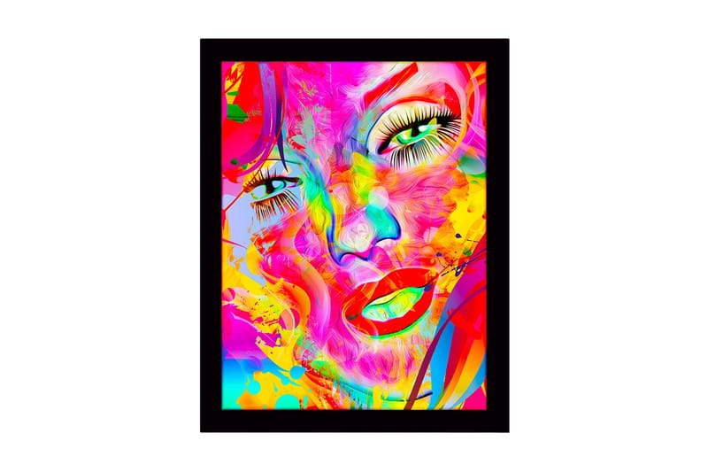 Inramad Canvastavla i trä - 41x56 cm - Färgglad ansiktsporträtt med abstrakta inslag, Rosa / Gul / Grön