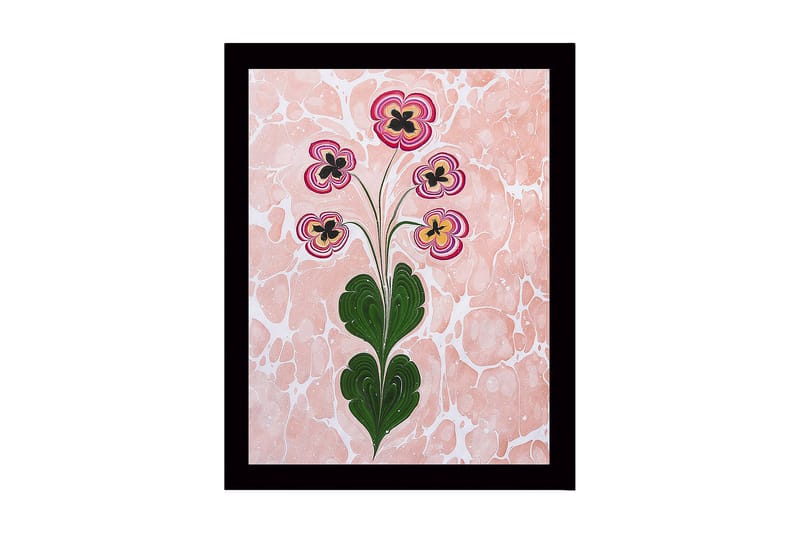 Inramad Canvastavla i trä - 41x56 cm - Färgglad blomsterbukett med stiliserade blommor, Rosa / Grön / Svart