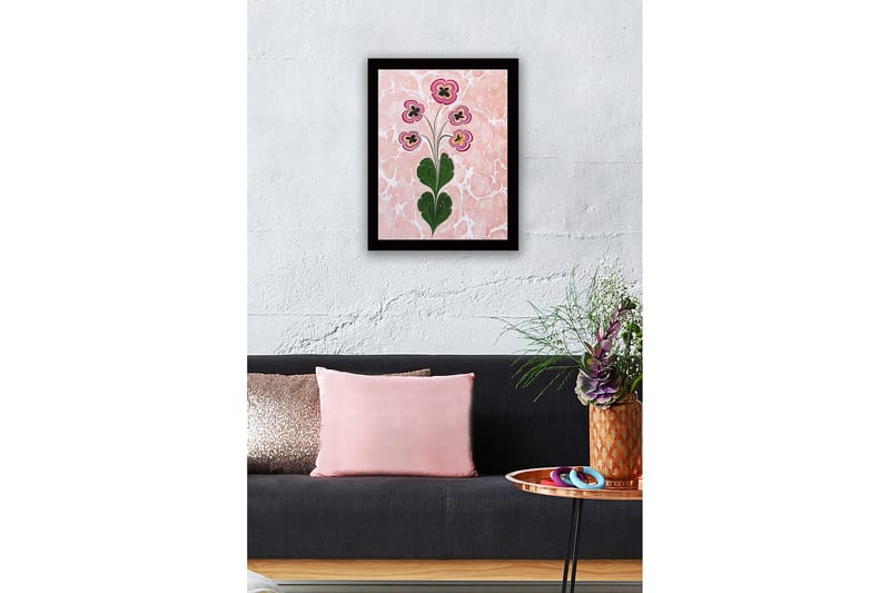 Inramad Canvastavla i trä - 41x56 cm - Färgglad blomsterbukett med stiliserade blommor - Rosa / Grön / Svart - Inredning & dekor - Tavlor & konst