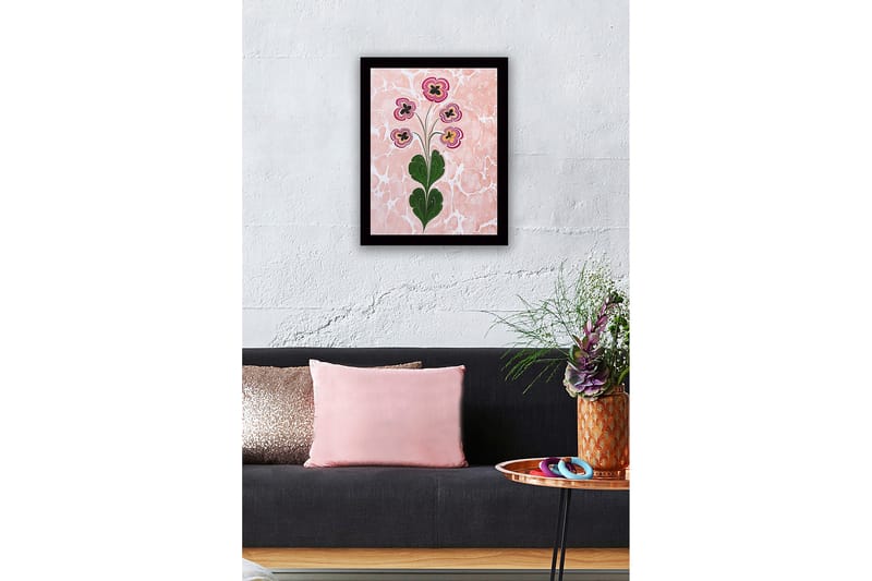 Inramad Canvastavla i trä - 41x56 cm - Färgglad blomsterbukett med stiliserade blommor - Rosa / Grön / Svart - Inredning & dekor - Tavlor & konst
