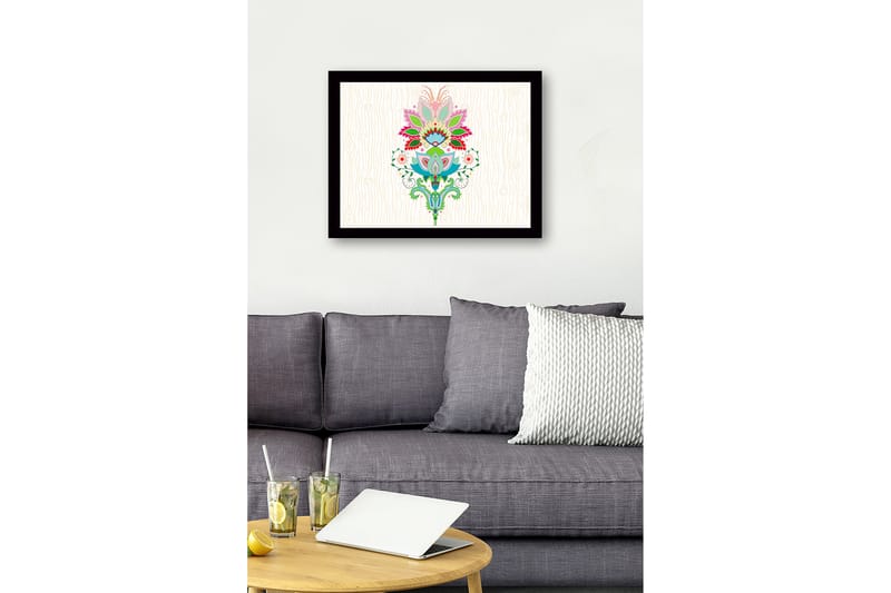 Inramad Canvastavla i trä - 41x56 cm - Färgglad blomsterdesign med detaljerade blad och mönster - Rosa / Grön / Blå - Inredning & dekor - Tavlor & konst