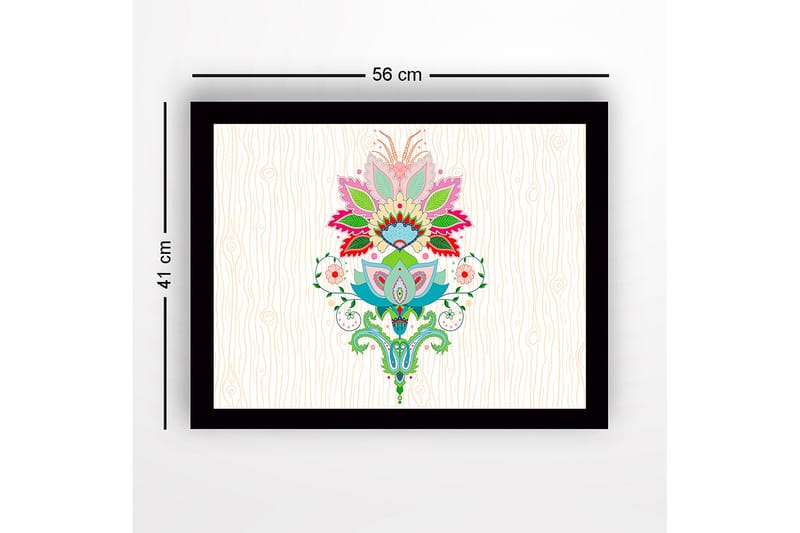 Inramad Canvastavla i trä - 41x56 cm - Färgglad blomsterdesign med detaljerade blad och mönster - Rosa / Grön / Blå - Inredning & dekor - Tavlor & konst