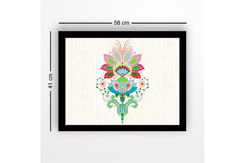 Inramad Canvastavla i trä - 41x56 cm - Färgglad blomsterdesign med detaljerade blad och mönster - Rosa / Grön / Blå - Inredning & dekor - Tavlor & konst