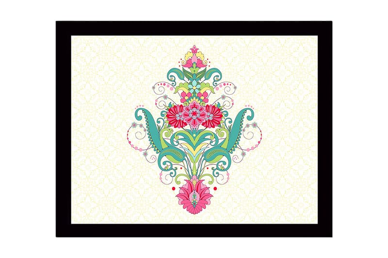 Inramad Canvastavla i trä - 41x56 cm - Färgglad blomsterdesign med spiraler och ornamentala detaljer, Grön / Rosa / Turkos