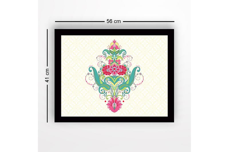 Inramad Canvastavla i trä - 41x56 cm - Färgglad blomsterdesign med spiraler och ornamentala detaljer - Grön / Rosa / Turkos - Inredning & dekor - Tavlor & konst