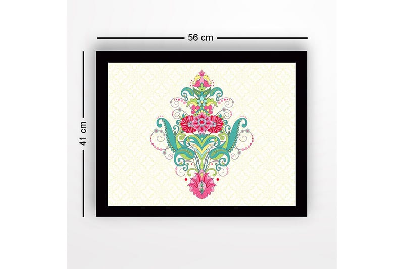 Inramad Canvastavla i trä - 41x56 cm - Färgglad blomsterdesign med spiraler och ornamentala detaljer - Grön / Rosa / Turkos - Inredning & dekor - Tavlor & konst