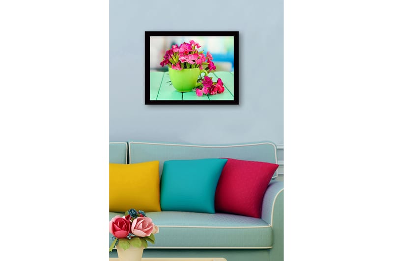 Inramad Canvastavla i trä - 41x56 cm - Färgglad bukett av blommor i en grön kopp - Grön / Rosa - Inredning & dekor - Tavlor & konst