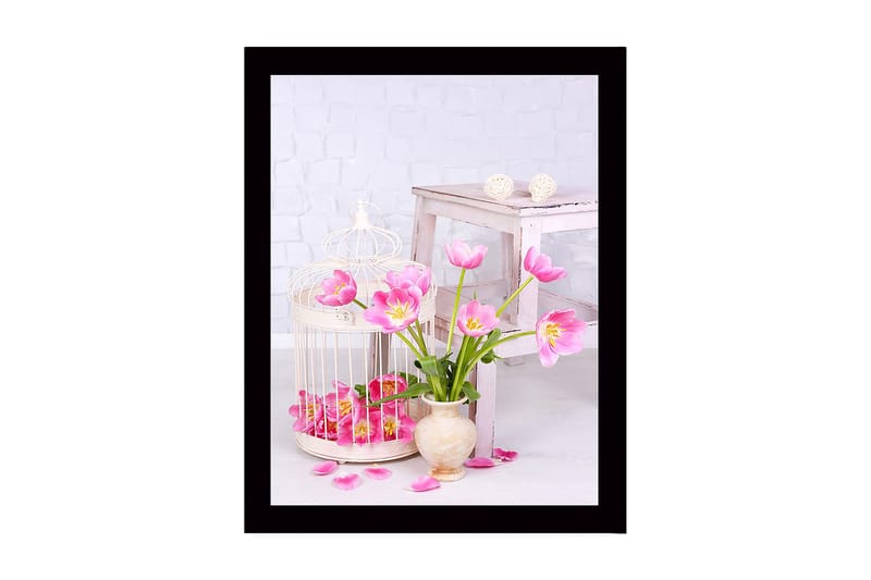 Inramad Canvastavla i trä - 41x56 cm - Färgglad bukett av tulpaner i en vas, Rosa / Grön / Beige