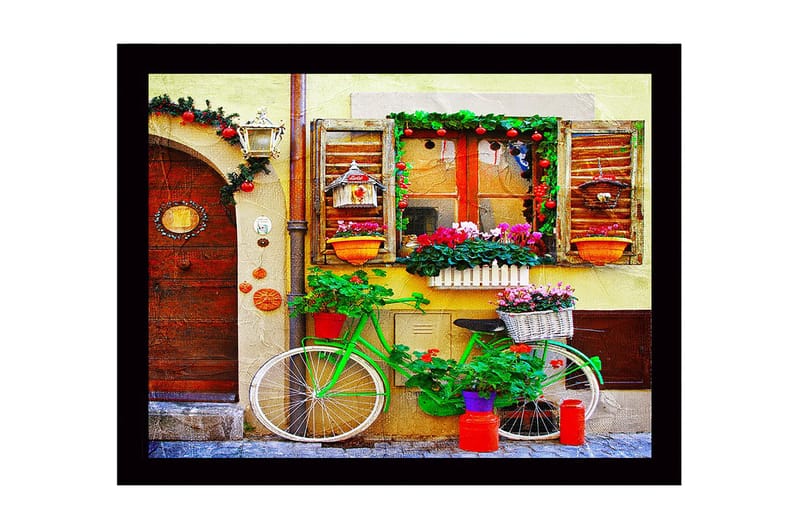 Inramad Canvastavla i trä - 41x56 cm - Färgglad cykel med blommor och dekorationer vid en charmig dörr, Grön / Röd / Rosa