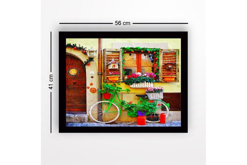 Inramad Canvastavla i trä - 41x56 cm - Färgglad cykel med blommor och dekorationer vid en charmig dörr - Grön / Röd / Rosa - Inredning & dekor - Tavlor & konst