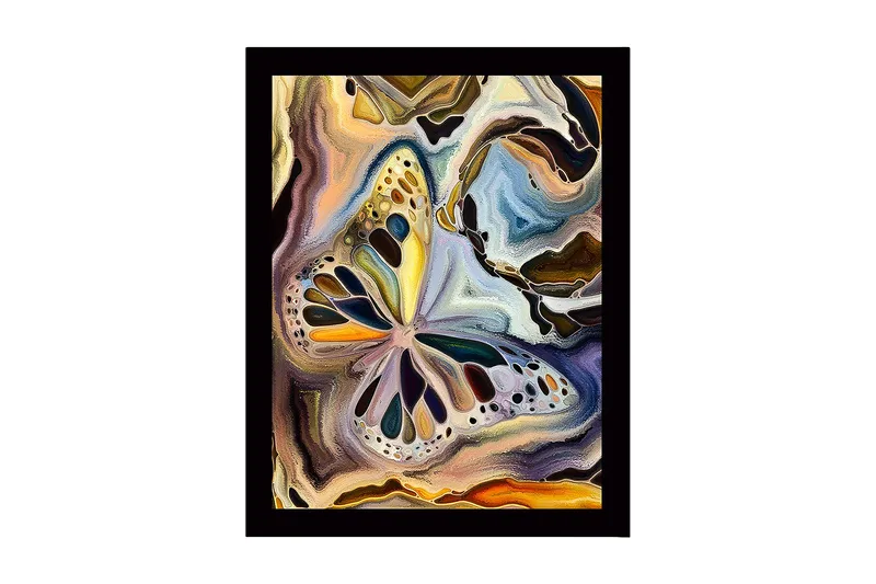 Inramad Canvastavla i trä - 41x56 cm - Färgglad fjäril i abstrakt komposition, Guld / Blå / Svart