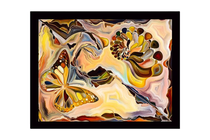 Inramad Canvastavla i trä - 41x56 cm - Färgglad fjäril i en abstrakt komposition med snäckformade element, Guld / Orange / Brun