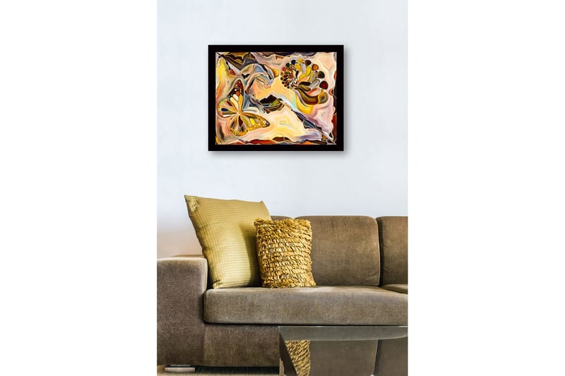 Inramad Canvastavla i trä - 41x56 cm - Färgglad fjäril i en abstrakt komposition med snäckformade element - Guld / Orange / Brun - Inredning & dekor - Tavlor & konst