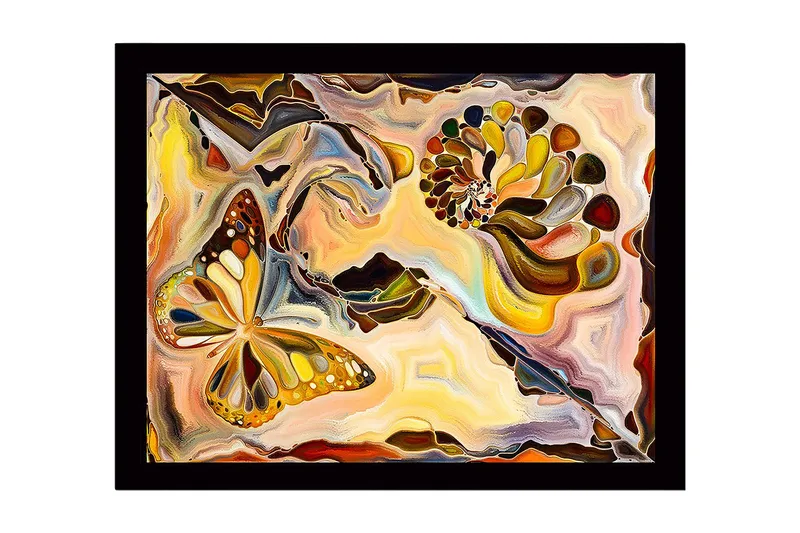 Inramad Canvastavla i trä - 41x56 cm - Färgglad fjäril i en abstrakt komposition med snäckformade element, Guld / Orange / Brun