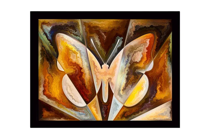 Inramad Canvastavla i trä - 41x56 cm - Färgglad fjäril med abstrakta former, Guld / Brun / Vit