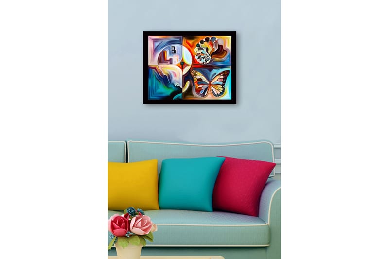 Inramad Canvastavla i trä - 41x56 cm - Färgglad fjäril med abstrakta former och mönster - Blå / Orange / Vit - Inredning & dekor - Tavlor & konst