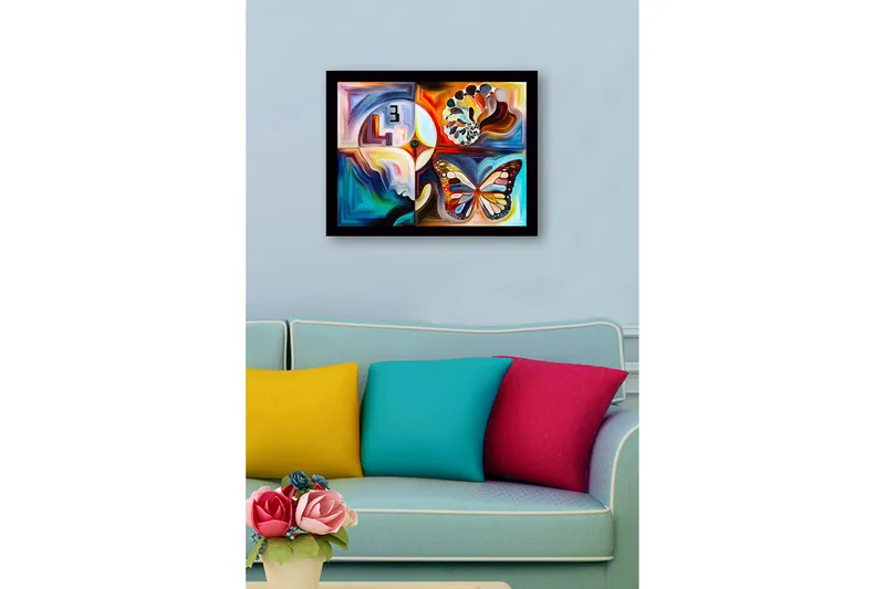 Inramad Canvastavla i trä - 41x56 cm - Färgglad fjäril med abstrakta former och mönster - Blå / Orange / Vit - Inredning & dekor - Tavlor & konst