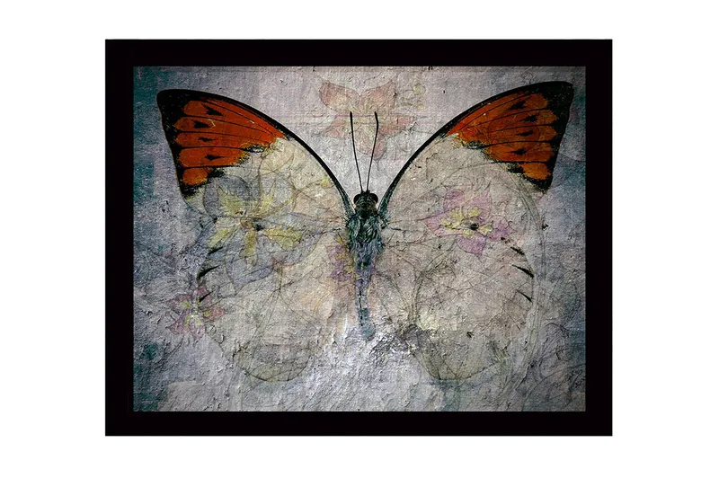 Inramad Canvastavla i trä - 41x56 cm - Färgglad fjäril med blommotiv - Orange / Ljusgrå / Grön - Inredning & dekor - Tavlor & konst