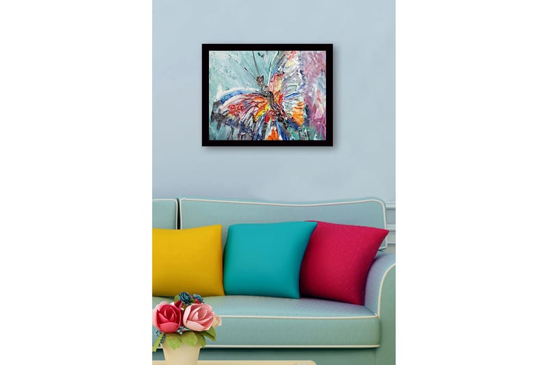 Inramad Canvastavla i trä - 41x56 cm - Färgglad fjäril med detaljerad textur - Blå / Röd / Orange - Inredning & dekor - Tavlor & konst