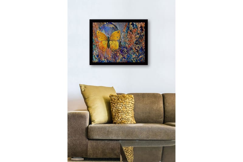 Inramad Canvastavla i trä - 41x56 cm - Färgglad fjäril med detaljerad textur i bakgrunden - Guld / Blå / Orange - Inredning & dekor - Tavlor & konst