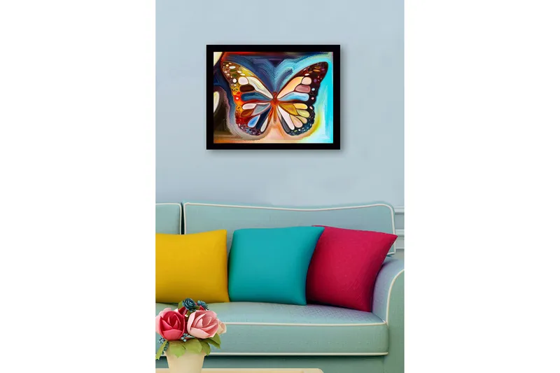 Inramad Canvastavla i trä - 41x56 cm - Färgglad fjäril med detaljerade mönster - Blå / Orange / Gul - Inredning & dekor - Tavlor & konst