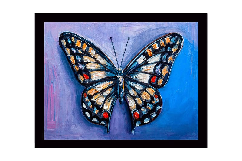 Inramad Canvastavla i trä - 41x56 cm - Färgglad fjäril med detaljerade vingar, Blå / Orange / Svart
