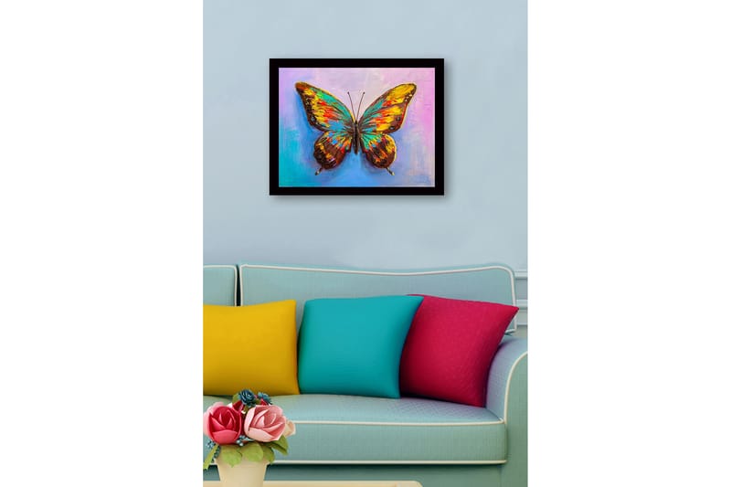 Inramad Canvastavla i trä - 41x56 cm - Färgglad fjäril med detaljerade vingar - Guld / Brun / Turkos - Inredning & dekor - Tavlor & konst