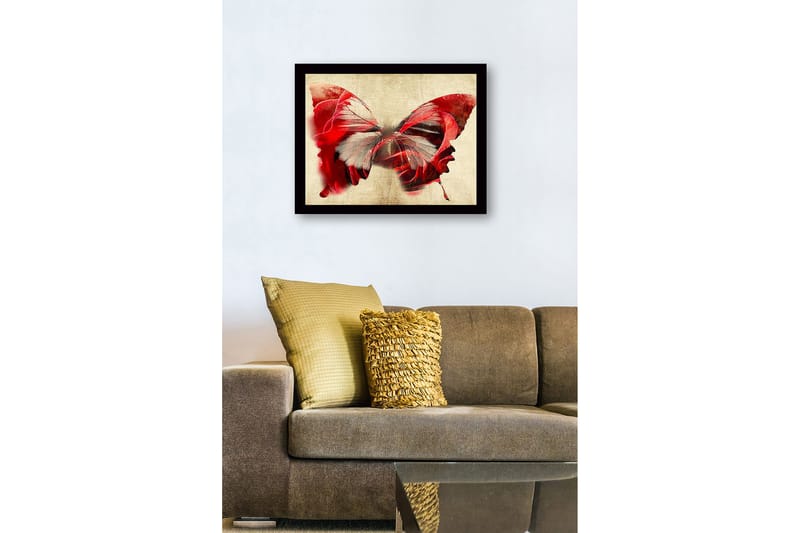 Inramad Canvastavla i trä - 41x56 cm - Färgglad fjäril med inslag av ansikten - Röd / Grå / Beige - Inredning & dekor - Tavlor & konst
