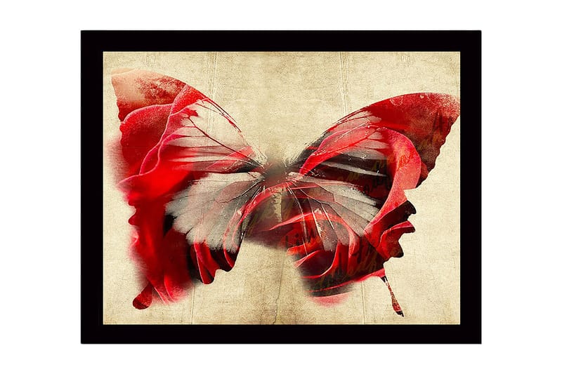 Inramad Canvastavla i trä - 41x56 cm - Färgglad fjäril med inslag av ansikten, Röd / Grå / Beige