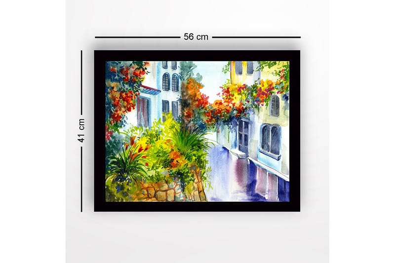 Inramad Canvastavla i trä - 41x56 cm - Färgglad gata med blommande växter och husfasader - Grön / Röd / Gul - Inredning & dekor - Tavlor & konst