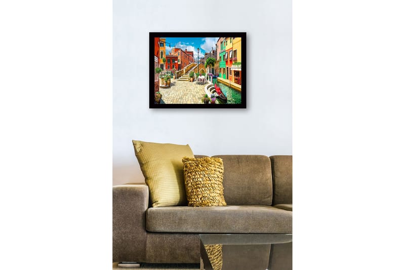 Inramad Canvastavla i trä - 41x56 cm - Färgglad kanal med pittoreska hus och blomsterarrangemang - Röd / Grön / Blå - Inredning & dekor - Tavlor & konst