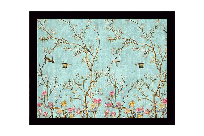 Inramad Canvastavla i trä - 41x56 cm - Färgglad komposition med fåglar och blommor i en grönskande miljö, Blå / Rosa / Grön