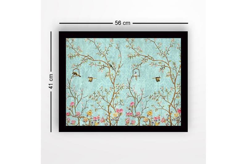 Inramad Canvastavla i trä - 41x56 cm - Färgglad komposition med fåglar och blommor i en grönskande miljö - Blå / Rosa / Grön - Inredning & dekor - Tavlor & konst