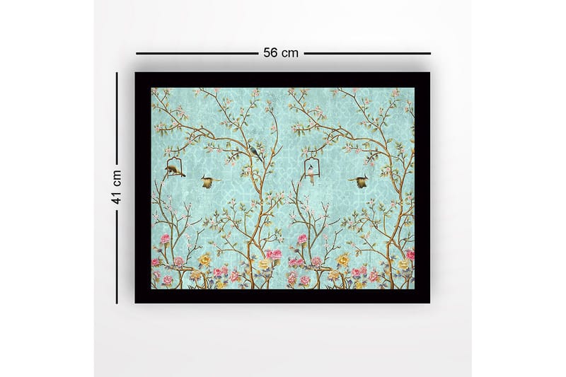 Inramad Canvastavla i trä - 41x56 cm - Färgglad komposition med fåglar och blommor i en grönskande miljö - Blå / Rosa / Grön - Inredning & dekor - Tavlor & konst