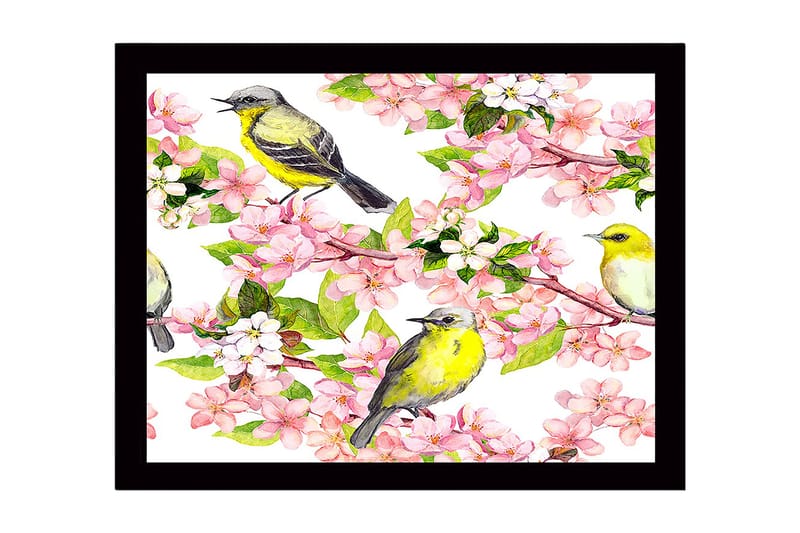 Inramad Canvastavla i trä - 41x56 cm - Färgglad komposition med fåglar och blommor - Rosa / Gul / Grön - Inredning & dekor - Tavlor & konst