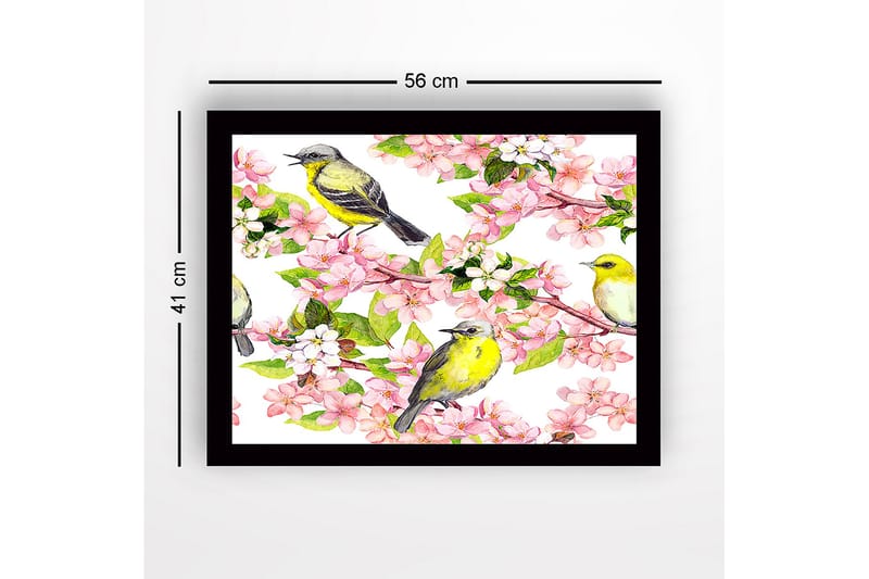 Inramad Canvastavla i trä - 41x56 cm - Färgglad komposition med fåglar och blommor - Rosa / Gul / Grön - Inredning & dekor - Tavlor & konst