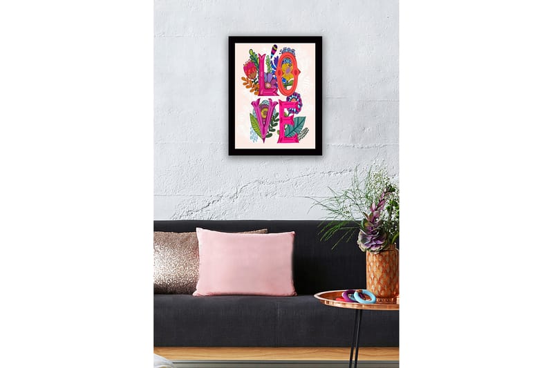 Inramad Canvastavla i trä - 41x56 cm - Färgglad komposition med ordet LOVE omgiven av blommor och bladverk - Rosa / Grön / Orange - Inredning & dekor - Tavlor & konst