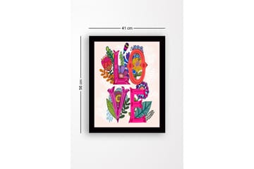Inramad Canvastavla i trä - 41x56 cm - Färgglad komposition med ordet LOVE omgiven av blommor och bladverk - Rosa / Grön / Orange - Inredning & dekor - Tavlor & konst