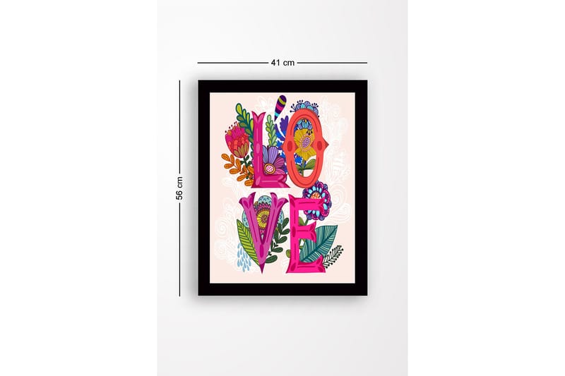 Inramad Canvastavla i trä - 41x56 cm - Färgglad komposition med ordet LOVE omgiven av blommor och bladverk - Rosa / Grön / Orange - Inredning & dekor - Tavlor & konst