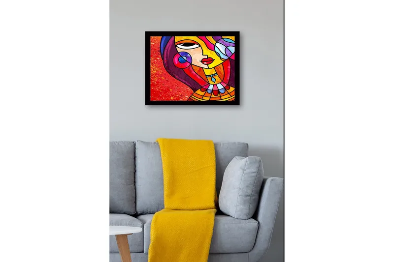 Inramad Canvastavla i trä - 41x56 cm - Färgglad kvinna med stiliserat ansikte och smycken - Röd / Gul / Lila - Inredning & dekor - Tavlor & konst