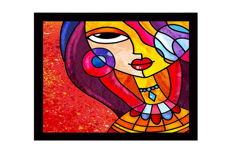Inramad Canvastavla i trä - 41x56 cm - Färgglad kvinna med stiliserat ansikte och smycken, Röd / Gul / Lila