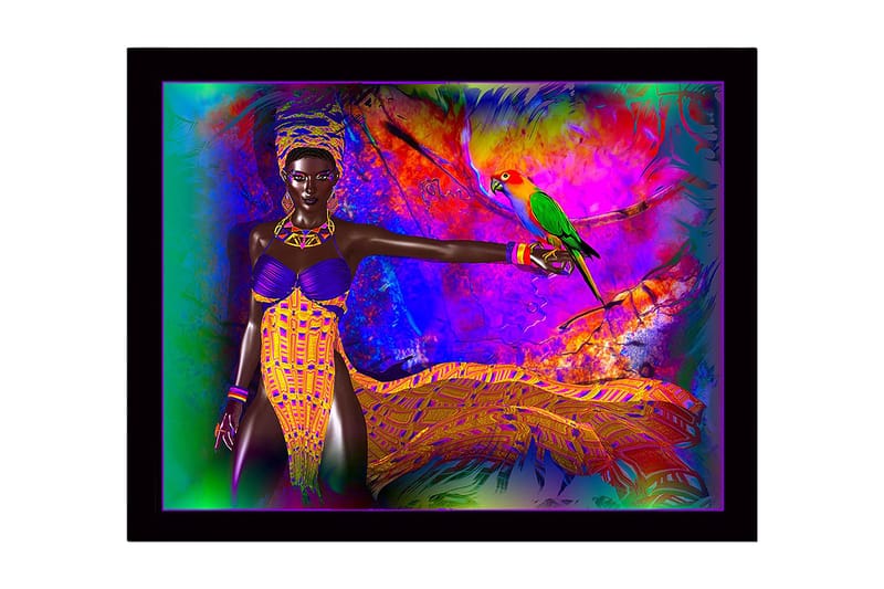 Inramad Canvastavla i trä - 41x56 cm - Färgglad kvinna med papegoja i en livfull miljö, Lila / Gul / Grön