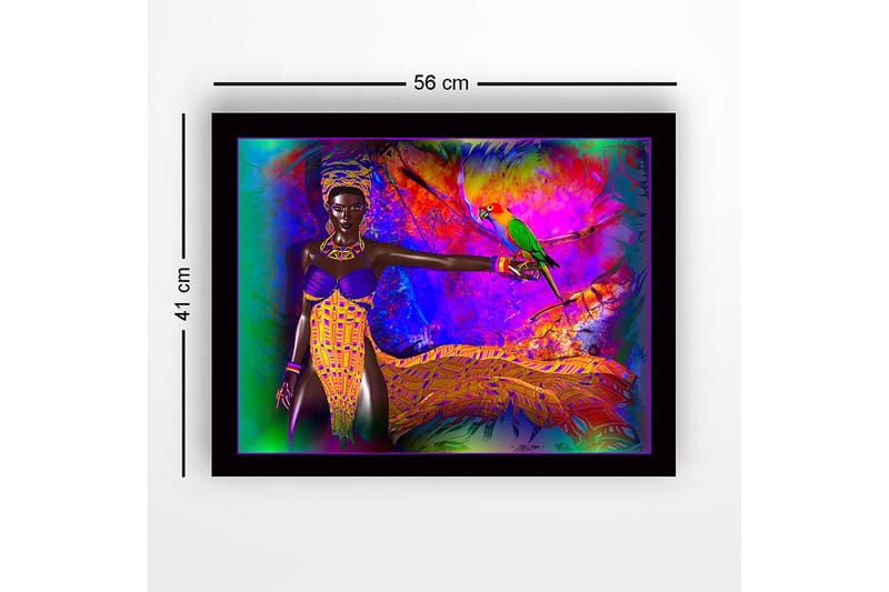 Inramad Canvastavla i trä - 41x56 cm - Färgglad kvinna med papegoja i en livfull miljö - Lila / Gul / Grön - Inredning & dekor - Tavlor & konst