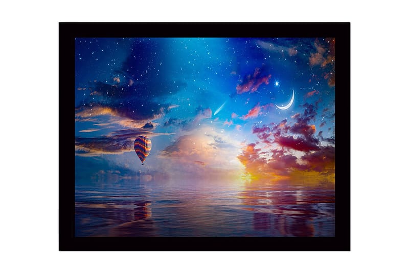 Inramad Canvastavla i trä - 41x56 cm - Färgglad luftballong sväva över en spegelblanka sjö vid solnedgången, Blå / Orange / Lila