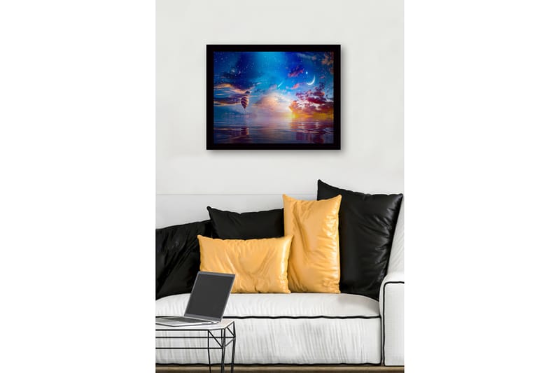 Inramad Canvastavla i trä - 41x56 cm - Färgglad luftballong sväva över en spegelblanka sjö vid solnedgången - Blå / Orange / Lila - Inredning & dekor - Tavlor & konst